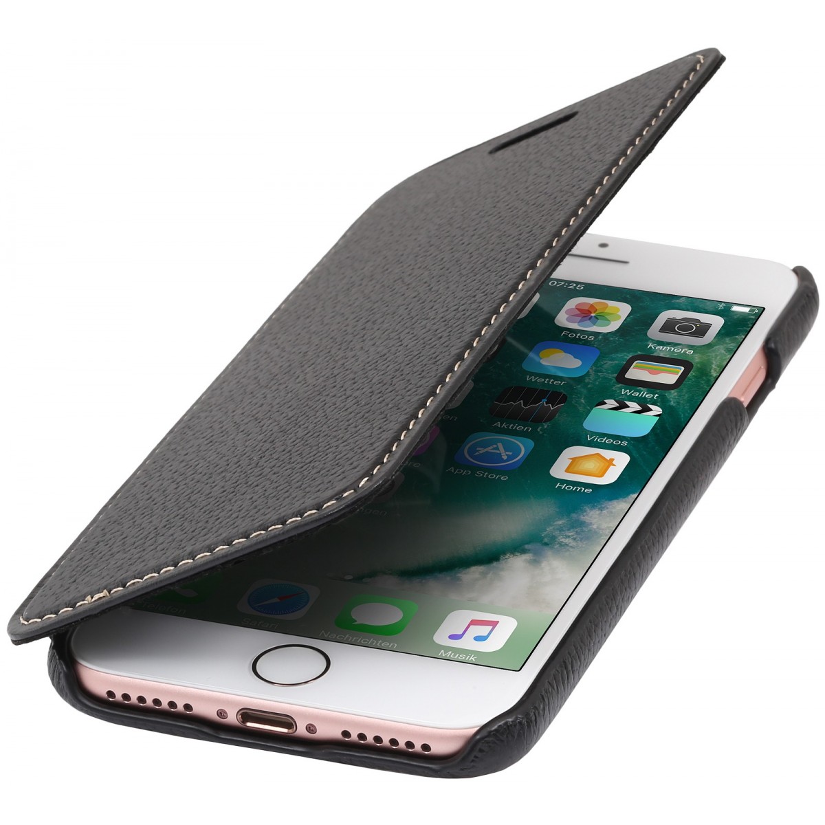 Etui iPhone 7 book type noir en cuir véritable sans clip de fermeture - Stilgut