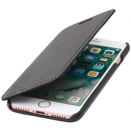 Etui iPhone 7 book type noir nappa en cuir véritable sans clip de fermeture - Stilgut