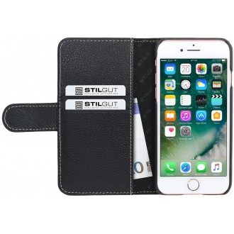 Etui iPhone 7 Porte-cartes grainé noir en cuir véritable - Stilgut