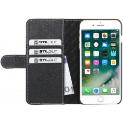 Etui iPhone 7 Plus Porte-cartes grainé noir en cuir véritable - Stilgut