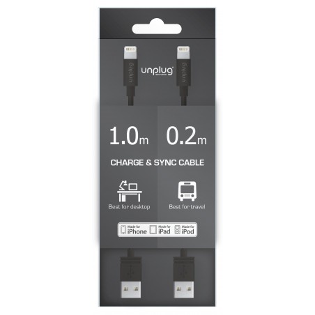 Pack de 2 Câbles USB vers Lightning Noir 1m et 20cm - Unplug