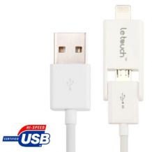 Câble multifonction double branchement lightning et micro USB blanc