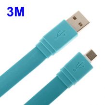 Câble extra long et plat micro USB longueur 3 mètres bleu