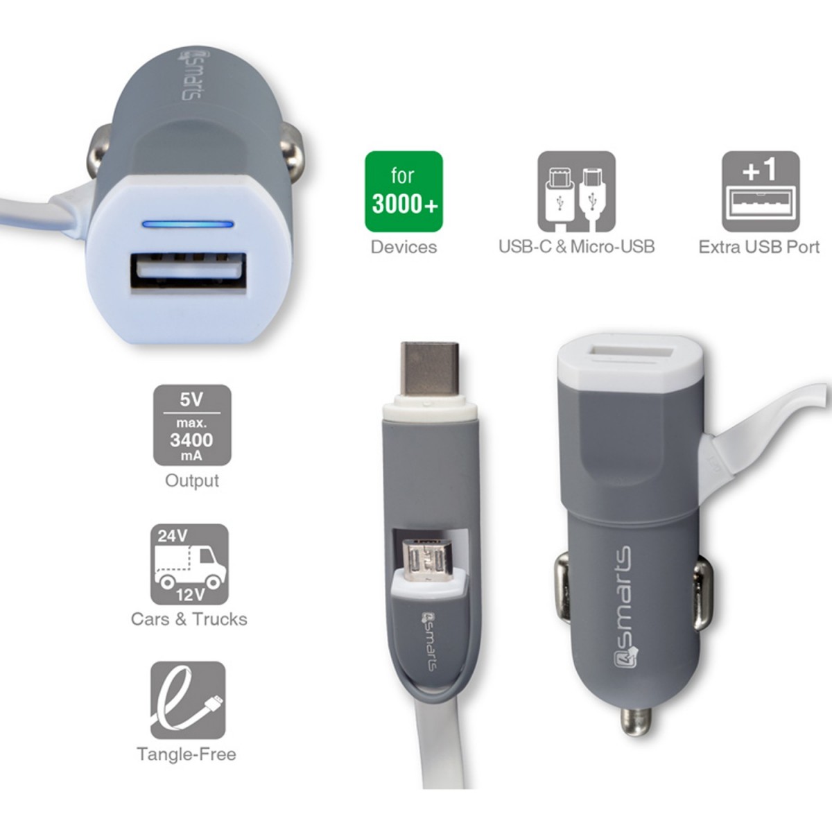 Chargeur allume-cigare 2 en 1 USB Gris - 4smarts