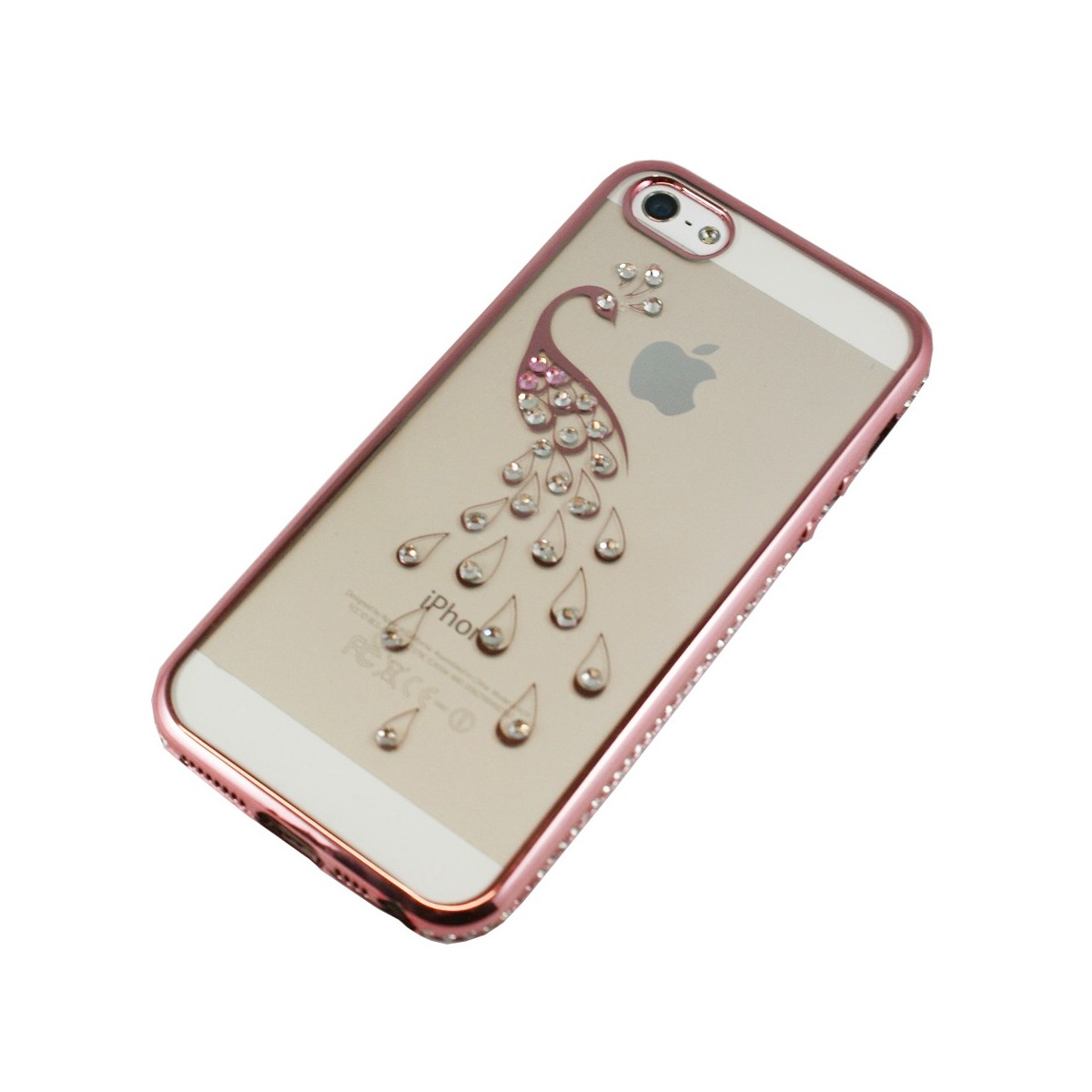 Coque iPhone SE / 5S / 5 Transparente souple contour rose motif Paon et Strass + Verre trempé - Crazy Kase