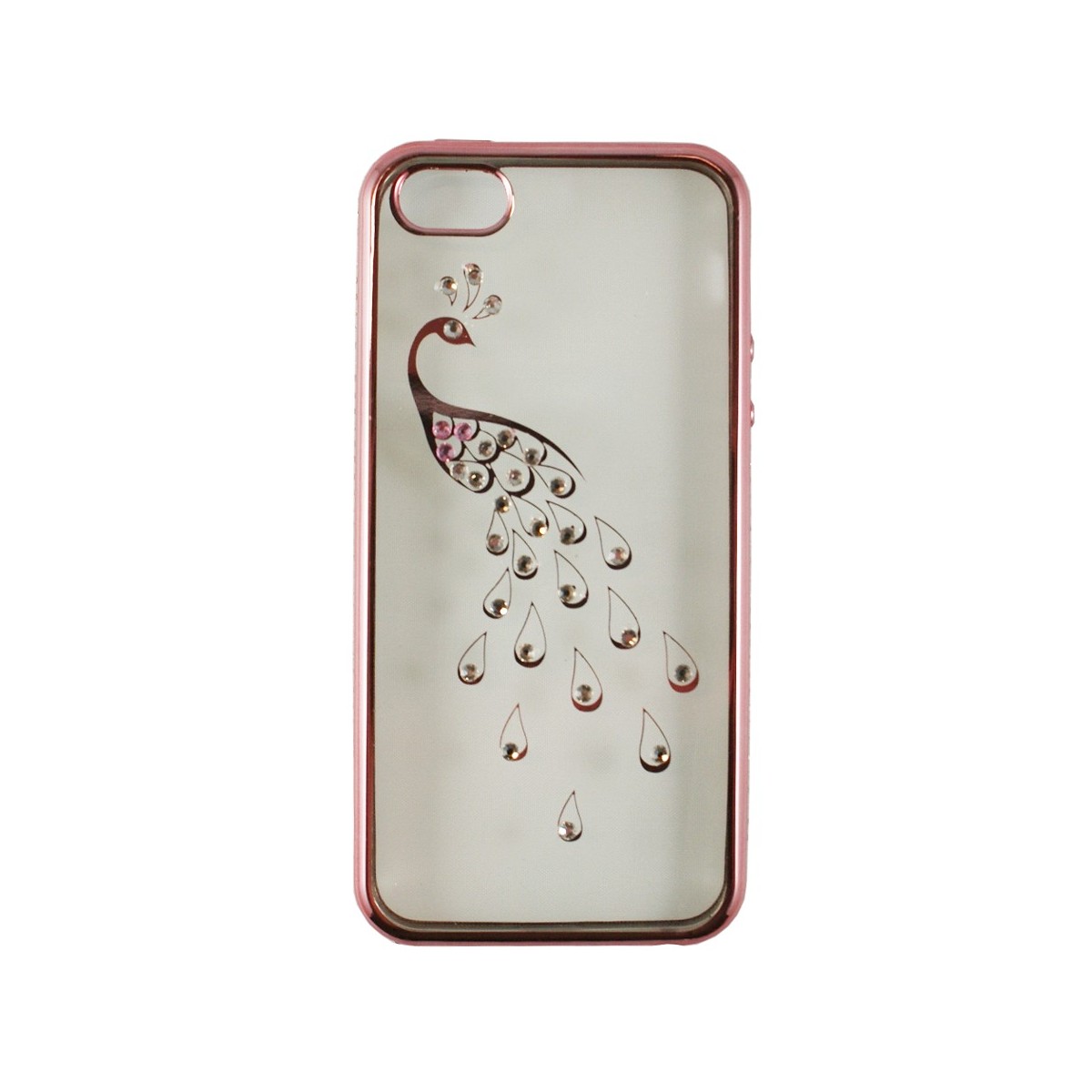 Coque iPhone SE / 5S / 5 Transparente souple contour rose motif Paon et Strass + Verre trempé - Crazy Kase