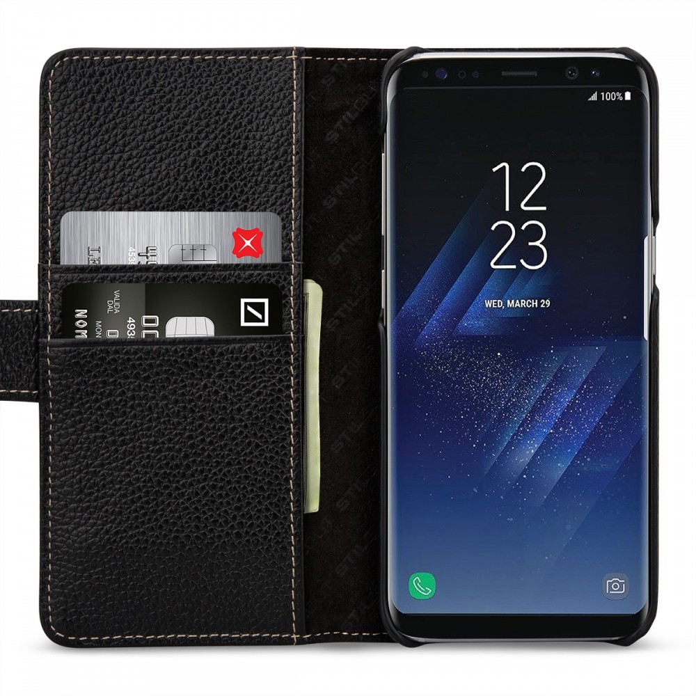 Etui Samsung S8 Plus Porte-cartes grainé noir en cuir véritable - Stilgut