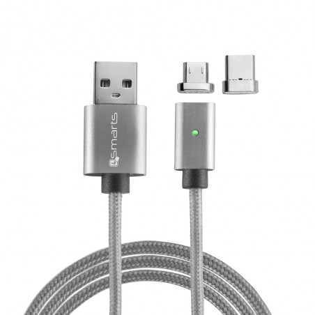 Câble USB vers connecteurs USB Type-C  et Micro USB magnétiques Gris 1 mètre - 4smarts