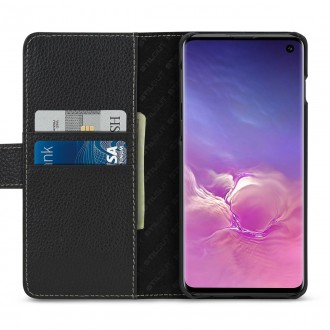 Etui Galaxy S10 porte-cartes grainé noir en cuir véritable - Stilgut