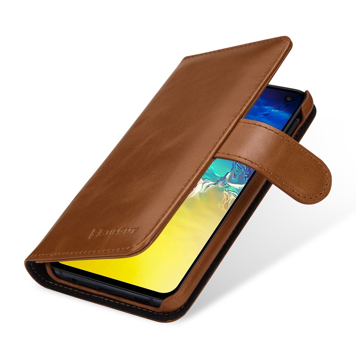 Etui Galaxy S10e porte-cartes cognac en cuir véritable - Stilgut