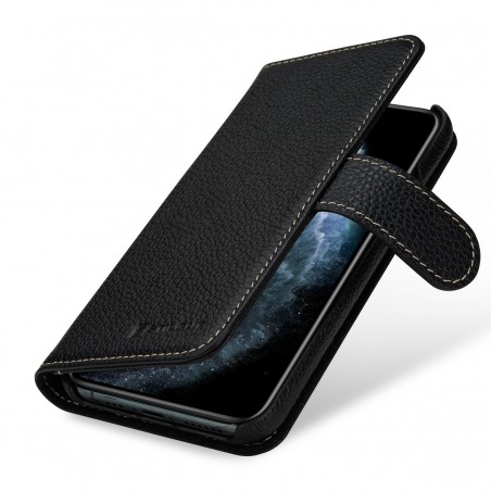 Etui compatible avec iPhone 11 porte-cartes grainé Noir en cuir véritable - Stilgut