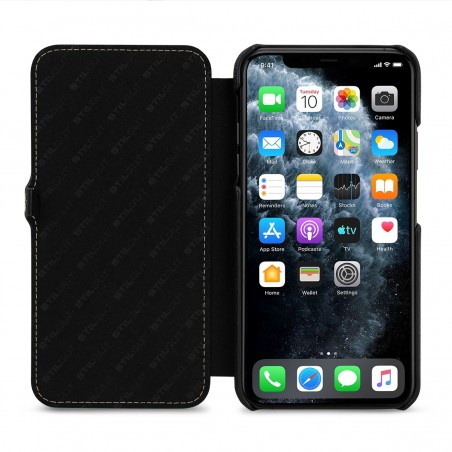 Etui compatible iPhone 11 Pro book type grainé noir en cuir véritable - Stilgut