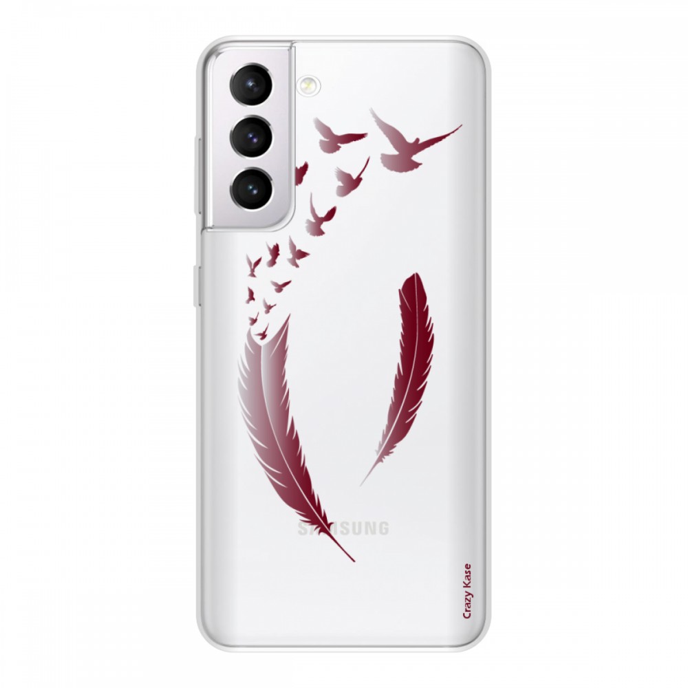 صور دخان Coque pour Samsung Galaxy S21 5G en silicone souple 1 mm, Plumes et oiseaux bordeau