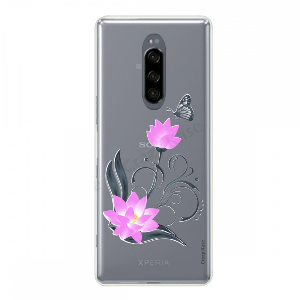 Coque compatible Xperia 1 souple Fleur de lotus et papillon- Crazy Kase