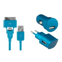 Pack charge 3 en 1 Colorblock Blue Lagoon pour Apple iPhone et téléphones micro USB