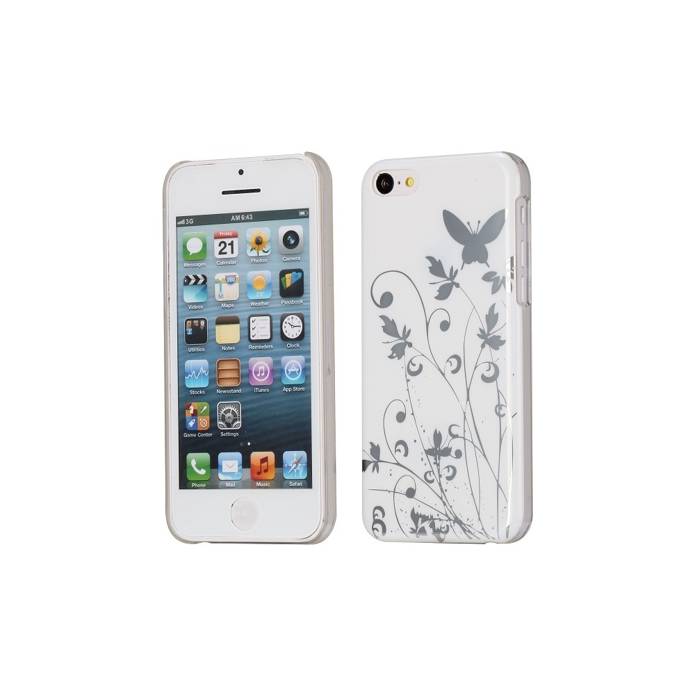 Coque plastique motif papillons et fleurs fond blanc pour Apple iPhone 5C