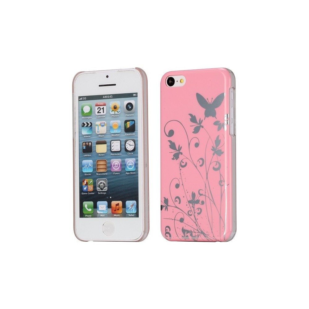 Coque plastique motif papillons et fleurs fond rose pour Apple iPhone 5C