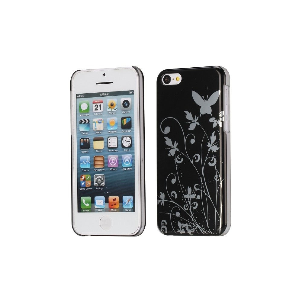 Coque plastique motif papillons et fleurs fond noir pour Apple iPhone 5C